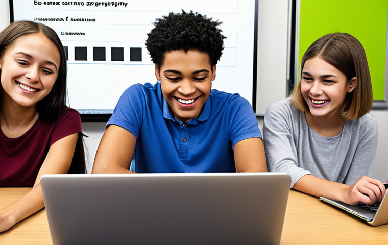 **

A diverse group of students collaboratively filling out a visually appealing, user-friendly online survey on laptops and tablets in a modern classroom. The survey should feature clear typography, progress bars, and a mix of multiple-choice and short answer questions about their learning experiences. Smiles and engaged expressions suggest a positive and comfortable atmosphere.

**