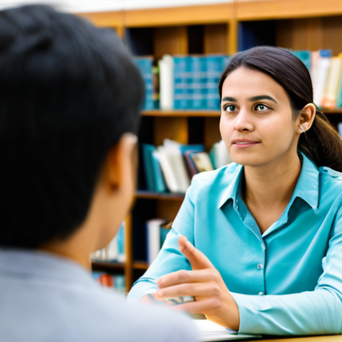 A professional student in modest business casual attire, engaged in active listening during a one-on-one session with a teacher in a well-lit, modern university library. The student has a focused expression, hinting at an "aha!" moment of understanding, while the teacher offers patient guidance. The background features bookshelves and study areas, softly blurred. Professional photography style, high quality, well-formed hands, proper finger count, perfect anatomy, correct proportions, natural body proportions, natural pose, safe for work, appropriate content, fully clothed, family-friendly.