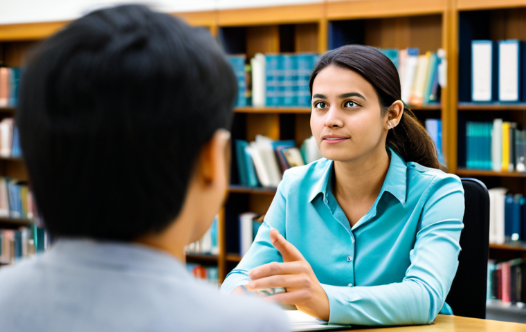 A professional student in modest business casual attire, engaged in active listening during a one-on-one session with a teacher in a well-lit, modern university library. The student has a focused expression, hinting at an "aha!" moment of understanding, while the teacher offers patient guidance. The background features bookshelves and study areas, softly blurred. Professional photography style, high quality, well-formed hands, proper finger count, perfect anatomy, correct proportions, natural body proportions, natural pose, safe for work, appropriate content, fully clothed, family-friendly.