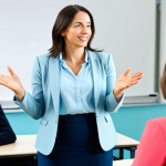 A professional female educator in her mid-30s, wearing a modest business casual suit, actively listening to a student in a vibrant, modern university classroom. A diverse group of young adult students, dressed in appropriate attire, are engaged in dynamic discussion, some raising hands, others making eye contact, signifying active participation and thoughtful engagement. The background features a large, interactive digital display showing a complex concept, illuminated by natural light. The scene captures the essence of interactive learning and effective communication. Professional photography, high-resolution, perfect anatomy, correct proportions, natural pose, well-formed hands, proper finger count, natural body proportions, fully clothed, safe for work, appropriate content, family-friendly.