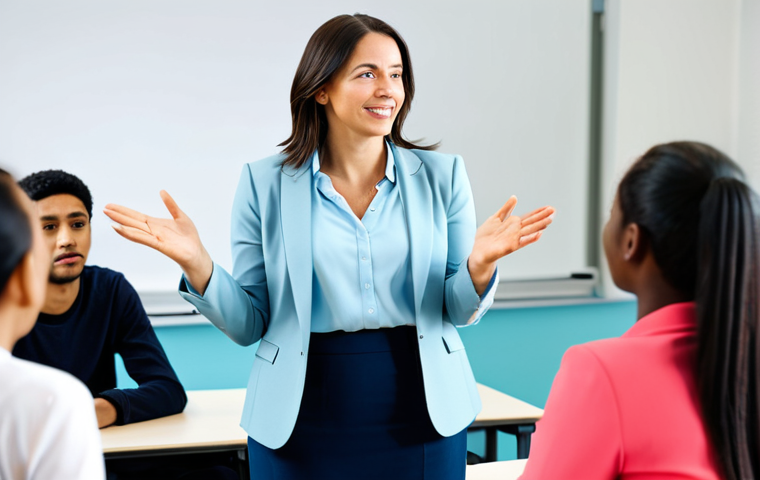 A professional female educator in her mid-30s, wearing a modest business casual suit, actively listening to a student in a vibrant, modern university classroom. A diverse group of young adult students, dressed in appropriate attire, are engaged in dynamic discussion, some raising hands, others making eye contact, signifying active participation and thoughtful engagement. The background features a large, interactive digital display showing a complex concept, illuminated by natural light. The scene captures the essence of interactive learning and effective communication. Professional photography, high-resolution, perfect anatomy, correct proportions, natural pose, well-formed hands, proper finger count, natural body proportions, fully clothed, safe for work, appropriate content, family-friendly.