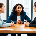 A diverse group of professional adults, including a warm and approachable female community manager, fully clothed in modest, contemporary business casual attire. They are gathered in a brightly lit, comfortable co-working space, seated around a large table, engaged in a collaborative discussion. Soft, natural lighting creates a welcoming atmosphere, conveying a sense of active listening and mutual support through their natural poses and respectful eye contact. Professional photography, high resolution, detailed, realistic, vivid colors, warm lighting, safe for work, appropriate content, fully clothed, professional, perfect anatomy, correct proportions, natural pose, well-formed hands, proper finger count, natural body proportions.