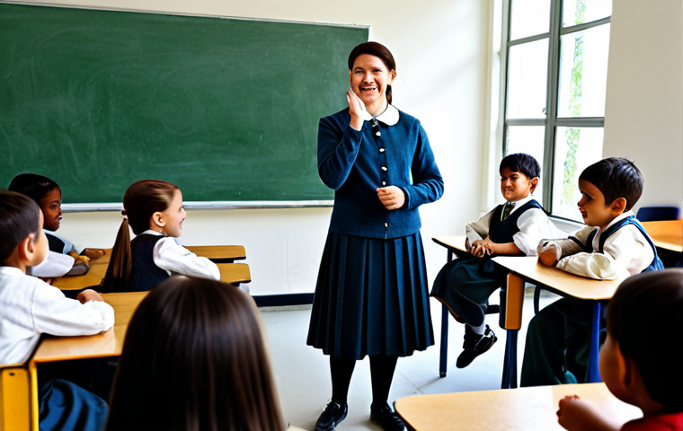 Interactive Classroom**

A bright and modern elementary school classroom filled with children engaged in a historical role-playing activity. The teacher, a friendly and approachable woman, is facilitating the discussion. The students are dressed in appropriate attire, fully clothed. The scene should convey a sense of excitement and active learning. safe for work, appropriate content, professional, modest, perfect anatomy, correct proportions, natural pose, well-formed hands, proper finger count, natural body proportions, high quality.

**