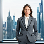**Prompt:**  Professional businesswoman in a tailored grey pantsuit, standing confidently in a bright, modern office with large windows overlooking a city skyline, fully clothed, appropriate attire, safe for work, perfect anatomy, natural proportions, professional photography, high quality.