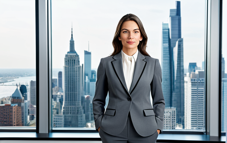 **Prompt:**  Professional businesswoman in a tailored grey pantsuit, standing confidently in a bright, modern office with large windows overlooking a city skyline, fully clothed, appropriate attire, safe for work, perfect anatomy, natural proportions, professional photography, high quality.