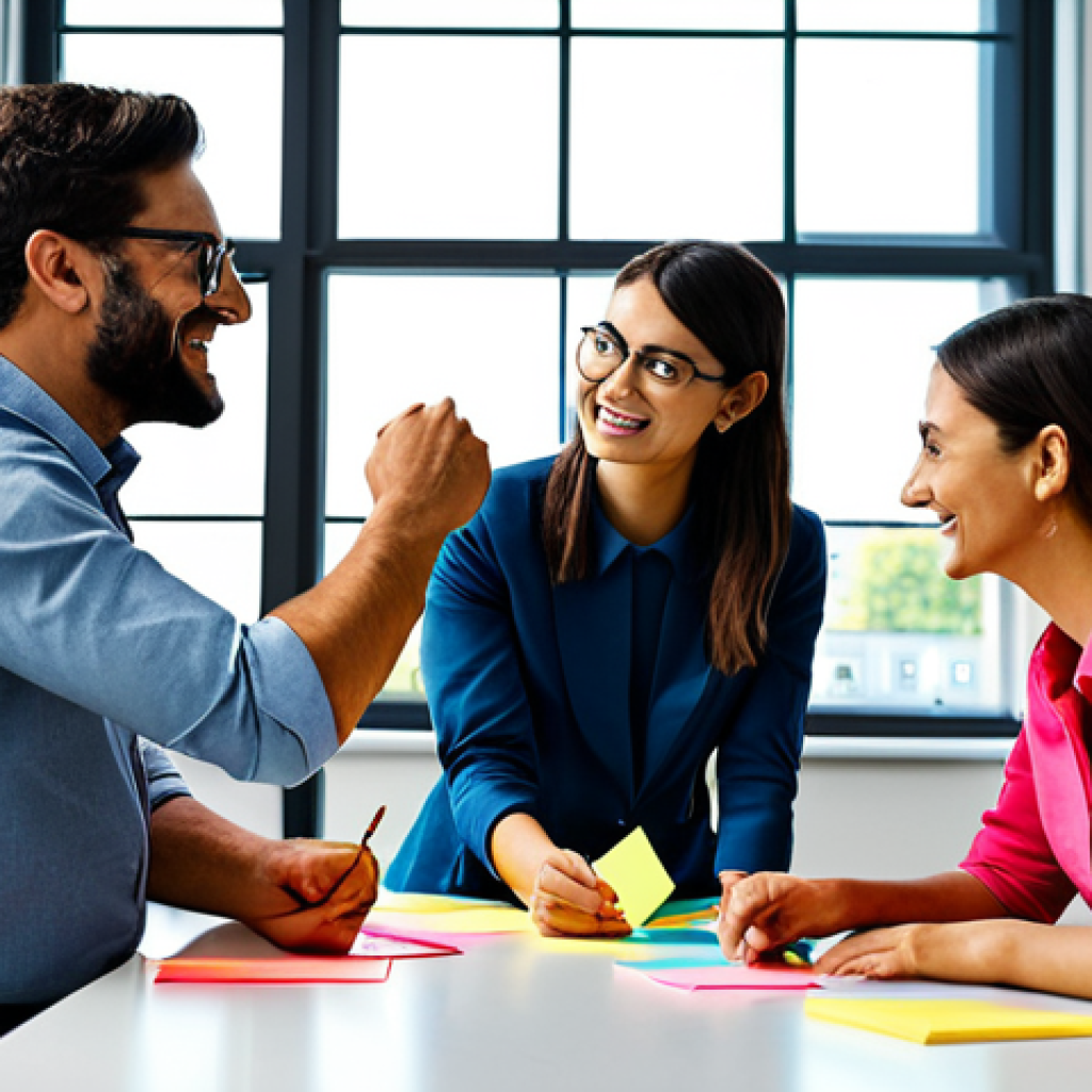 참여를 높이는 소통의 창의적 접근법 - Creative Icebreaker**

A professional team in a modern office brainstorming session, using colorful ...