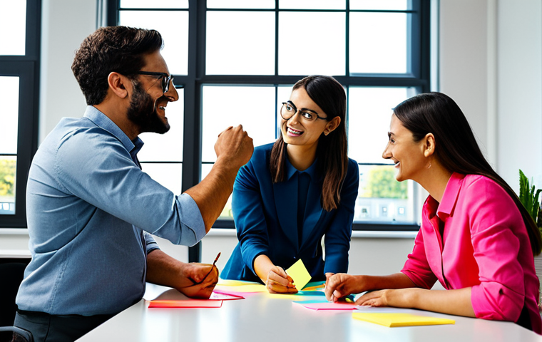 참여를 높이는 소통의 창의적 접근법 - Creative Icebreaker**

A professional team in a modern office brainstorming session, using colorful ...