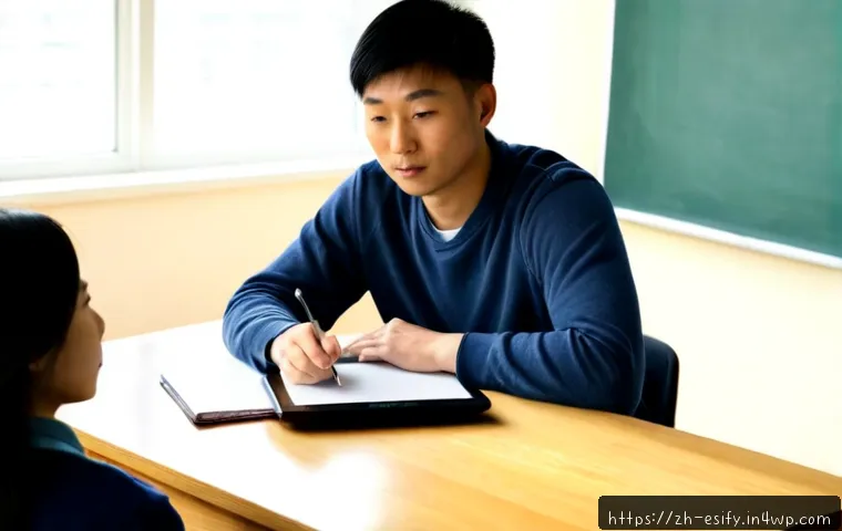 소통을 통한 학습자와의 신뢰 구축 - Photorealistic adult instructor and young adult learner seated across a clean wooden table, maintain...
