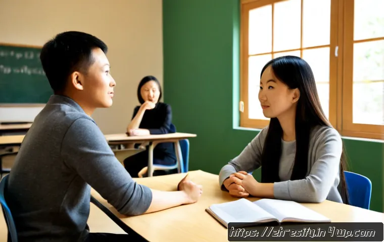 학습자 참여를 위한 비폭력적 소통법 - Photorealistic classroom discussion, a calm teacher seated at a round table with three engaged adult...